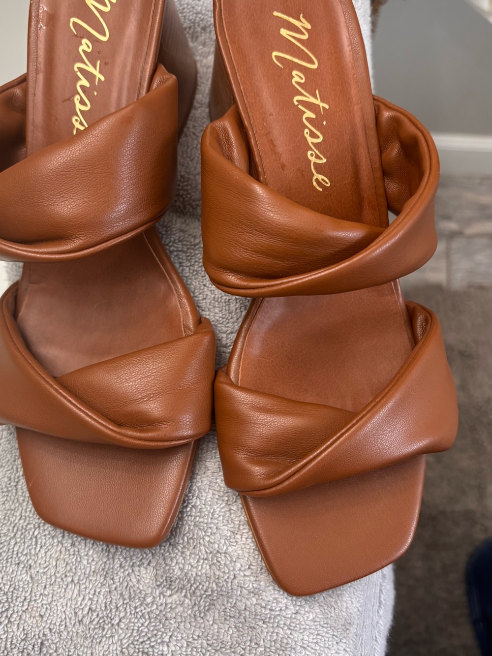 Matisse Cognac Twisted Strap Square Toe Slide Heels